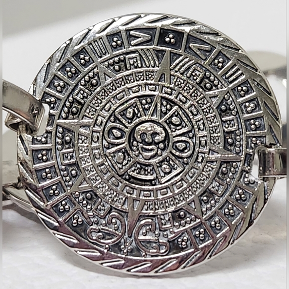 Aztec Calendar Silver Disc Bracelet VINTAGE - Picture 7 of 16